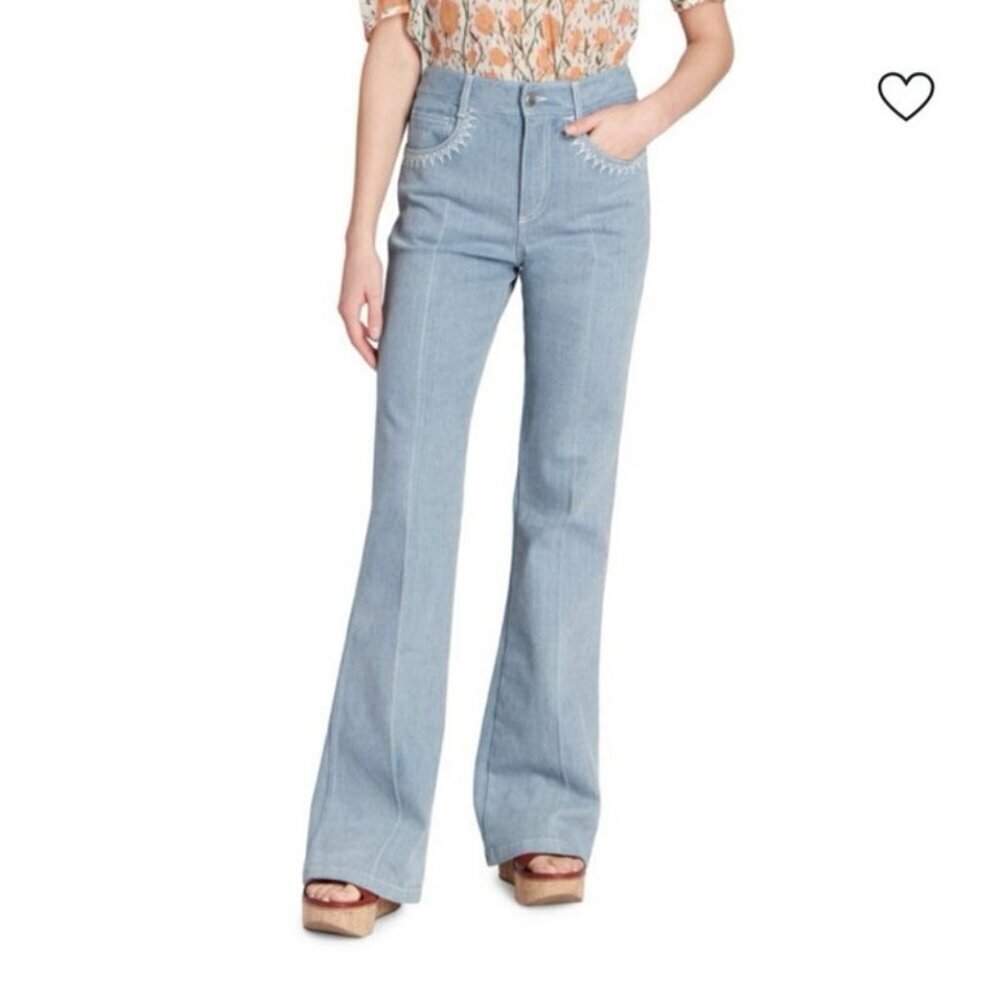 Chloé High Rise Flare Jeans Blue Cotton Wide Leg Designer Pants Size 36 (US 4)